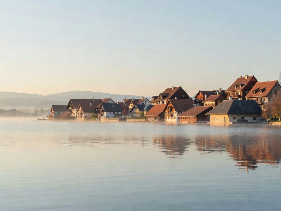 Lake and old town rooftops in central Switzerland under soft morning light