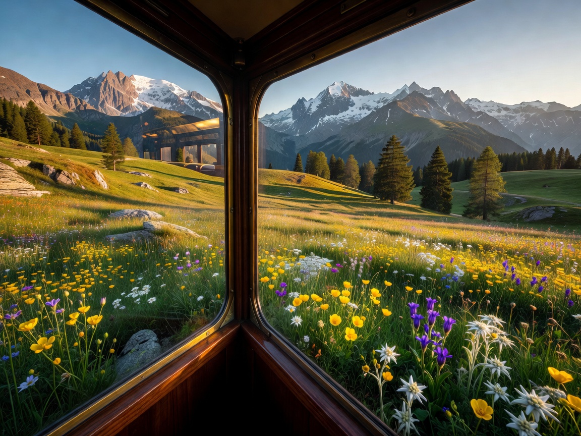 Panoramic train carriage window looking out over alpine meadows