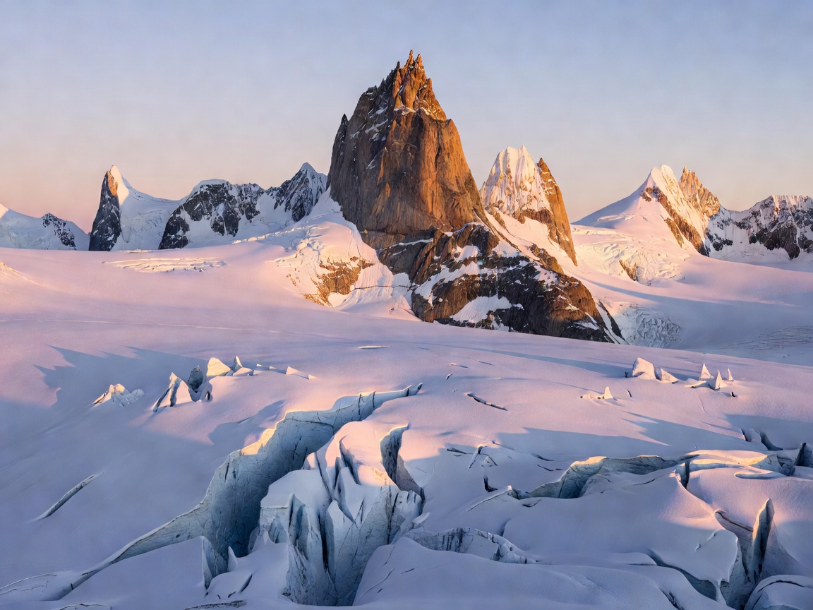 Sharp rock peak rising above a glacier basin at sunrise