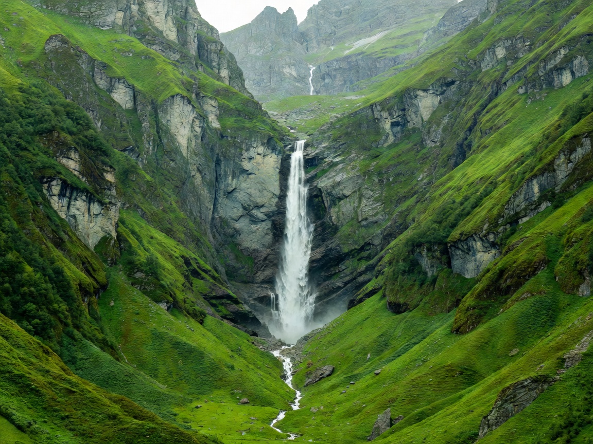 Steep green valley walls with a waterfall in the Bernese Oberland