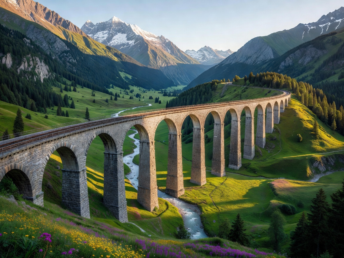 Stone railway viaduct curving across an alpine valley